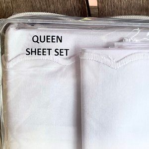 Bellino Fine Linens QUEEN Size Sheet Set White Scalloped Edge / Hotel Collection